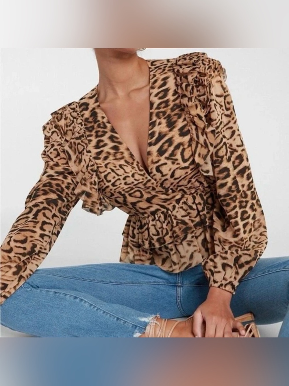 Express Leopard Animal Print Ruffle Blouse Size Small
